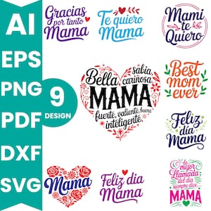 Puede incluir: Una colección de diseños gráficos coloridos con texto en español, incluyendo frases como "Gracias por tanto Mama" y "Te quiero Mama." Los diseños presentan corazones y elementos florales, ideales para el Día de la Madre.