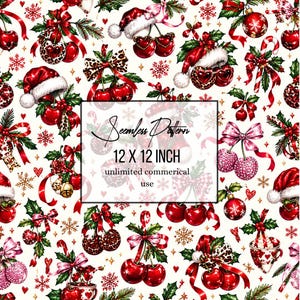 Christmas Cherry PNG, Leopard Bow Seamless Pattern, Red Cherry Digital Paper, Coquette Christmas Print, Holiday Sublimation Background