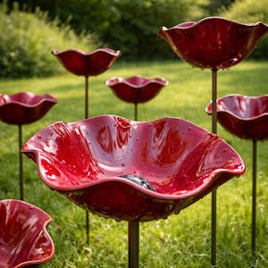Puede incluir: Una colección de piezas de arte de jardín rojas con forma de flor. Cada pieza tiene un acabado brillante y está montada sobre un delgado poste de metal oscuro. El arte se encuentra sobre un fondo de hierba verde y follaje, creando una vibrante exhibición al aire libre.