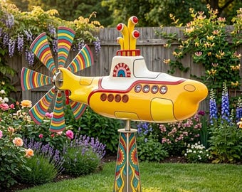 The Beatles Yellow Submarine Wind Spinner, Metal Kinetic Garden, Flat metal (2D) design with moving spinner not a fully 3D sculpture