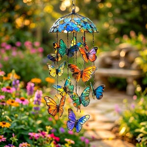 Colorful Metal Butterfly Wind Chime Garden Decor, Hanging Outdoor Yard Ornament, 2D Iron Butterfly Pendant, Patio Tree Decor Gift Idea
