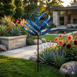 Puede incluir: Un molinillo de viento de jardín de metal azul con un diseño floral decorativo. La obra de arte para exteriores está montada sobre un poste negro y colocada en un exuberante jardín con flores y vegetación. El molinillo de viento es una decoración de jardín única.