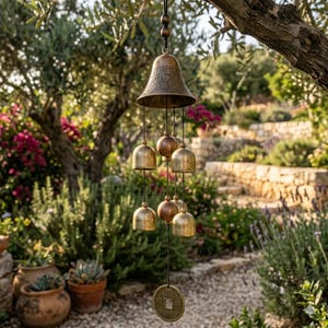 Può includere: Campanello eolico color bronzo con una grande campana in cima e campane più piccole appese sotto. Una moneta è appesa in basso. Il campanello è sospeso a un ramo d'albero in un giardino.