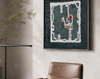 May include: A square framed wall art piece featuring a dark textured background with a white organic border. Inside the border are abstract shapes in beige and grey, accented by two small red circles and thin gold lines throughout the composition.