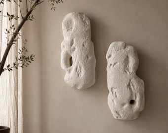 May include: Two white, textured wall sculptures with organic shapes. One has a large hole, the other a smaller one. The sculptures are mounted on a neutral-toned wall, creating a minimalist aesthetic.