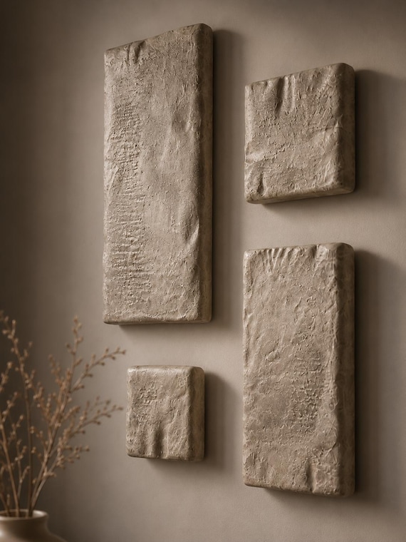 Set of 4 Stone Wall Sculptures, Wabi Sabi Clay Textured Wall Art, Taupe Decor