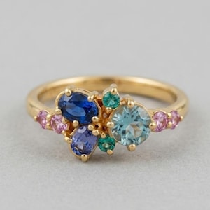 Ovale roze diamant en groene smaragd clusterring, sierlijke multi-edelsteen trouwring voor vrouwen, bloemen verlovingsring, jubileumcadeau