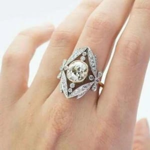 Art Deco Old European Cut Moissanite Ring, Vintage Sterling Silver Leaf Cutout Cocktail Ring, Two Tone Gold Filigree Starburst StatementRing