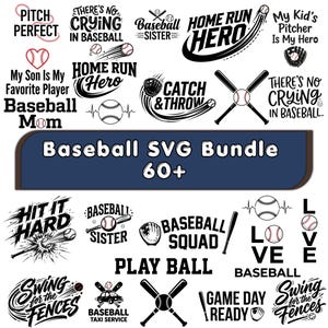 Puede incluir: Una colección de diseños SVG con temática de béisbol en blanco y negro. Los diseños incluyen pelotas de béisbol, bates, guantes y frases como "Home Run Hero", "Baseball Mom" y "Play Ball". También está presente el texto "Baseball SVG Bundle 60+".