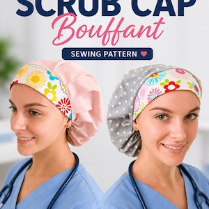 May include: Image of two reversible scrub caps. One is light pink, the other is gray with white polka dots. Both have a floral patterned band. The text reads "REVERSIBLE SCRUB CAP Bouffant SEWING PATTERN".