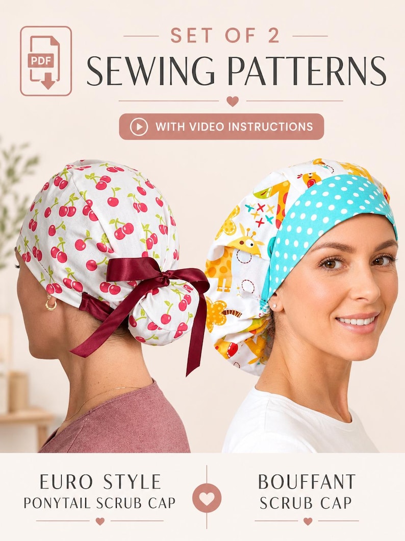 Scrub Cap Sewing Patterns PDF Set of 2 | Euro Ponytail and Bouffant ...