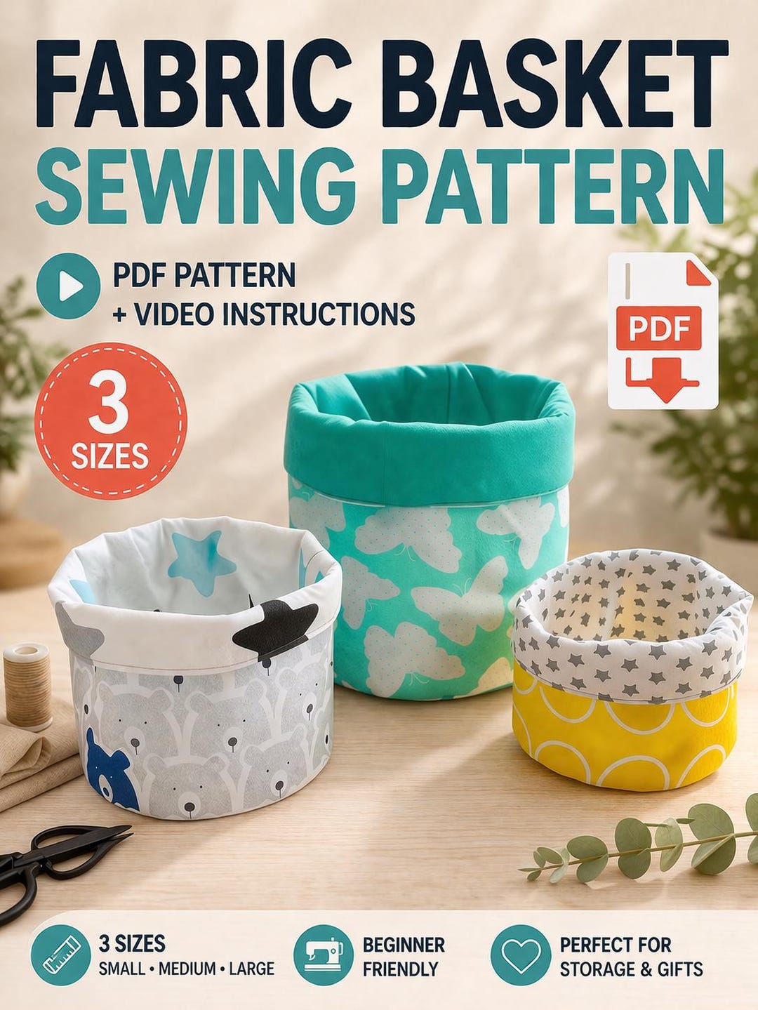 Nesting Fabric Basket Sewing Pattern PDF, Round Storage Bin Tutorial in ...