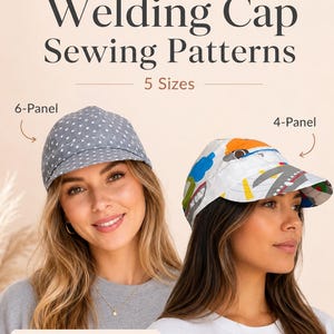 May include: Image showing two women wearing welding caps. The caps are in different styles and patterns. The text on the image reads "Set of 2 Welding Cap Sewing Patterns, 5 Sizes, PDF Pattern + Video Tutorial."