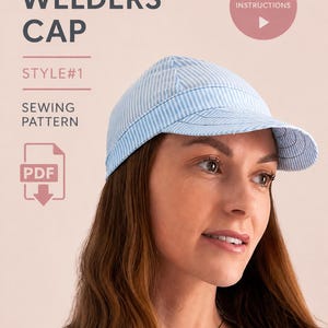 May include: A blue and white striped welders cap. The text on the image reads: "Welders Cap", "Style #1", "Sewing Pattern", and "With Video Instructions". A PDF download icon is also visible.