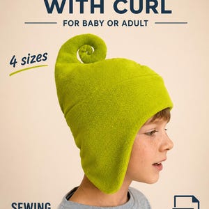 May include: A bright lime green fleece hat with a distinctive spiral curl at the top and ear flaps. The text on the image reads: FLEECE HAT WITH CURL, FOR BABY OR ADULT, 4 sizes, SEWING PATTERNS, and a PDF download icon is visible.