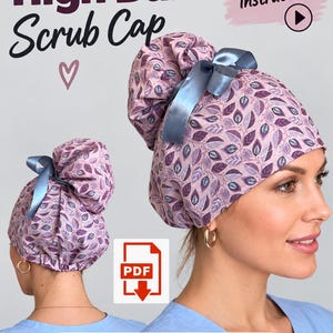 May include: A high bun scrub cap sewing pattern featuring a purple fabric with a repeating leaf print. The cap includes a blue ribbon tie at the back. Text on the image reads High Bun Scrub Cap, With video instructions, and SEWING PATTERN.