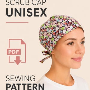 Op de afbeelding: Een operatiemuts met een donkerpaarse achtergrond en een veelkleurig bloemenpatroon met roze, witte en groene bloemen. De tekst op de afbeelding luidt SCRUB CAP UNISEX en PDF SEWING PATTERN met een documentsymbool en een pijl.