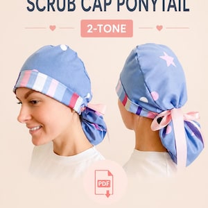 Puede incluir: Un gorro quirúrgico azul claro con diseño de cola de caballo, con un patrón de 2 tonos. El gorro tiene lunares blancos y estrellas rosas. El texto "SCRUB CAP PONYTAIL" y "SEWING PATTERN" son visibles.