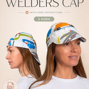 Patrón de costura para gorra de soldador estilo 2 / Gorra reversible de 4 paneles en 5 tallas / PDF para gorra industrial DIY con videotutorial paso a paso