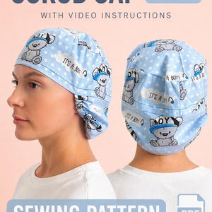 Può includere: Cappello chirurgico azzurro con stampa di orsetto e la scritta "IT'S A BOY!". Il cappello fa parte di un modello di cucito, stile #11, con istruzioni video. Il design presenta pois bianchi e un simpatico orso con un berretto blu.