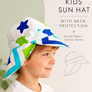 May include: A white kids sun hat with blue and green star and chevron patterns. The hat has a wide brim and neck protection. Text on the image reads "KIDS SUN HAT WITH NECK PROTECTION" and "Sewing Pattern + Sewing Tutorial".