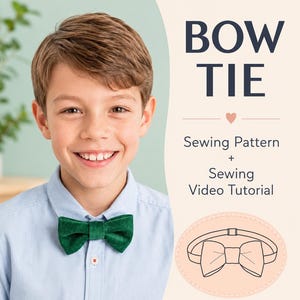 Può includere: Un papillon in velluto a coste verde scuro indossato con una camicia azzurra. L'immagine include il testo BOW TIE Sewing Pattern + Sewing Video Tutorial e un disegno al tratto del papillon su sfondo chiaro con forme dai colori tenui.