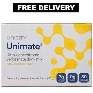 May include: A rectangular box of Unicity Unimate ultra-concentrated yerba mate drink mix in natural lemon flavor. The white packaging features yellow abstract circular patterns, dark blue text, and labels for 3g, 0g sugar, and 30 servings.