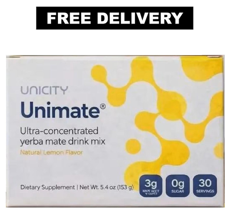 May include: A rectangular box of Unicity Unimate ultra-concentrated yerba mate drink mix in natural lemon flavor. The white packaging features yellow abstract circular patterns, dark blue text, and labels for 3g, 0g sugar, and 30 servings.