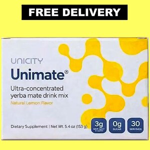 May include: A rectangular box of Unimate ultra-concentrated yerba mate drink mix with natural lemon flavor. The white packaging features yellow abstract circular patterns, the Unicity logo, and text indicating 3g, 0g sugar, 30 servings, and 5.4 oz.