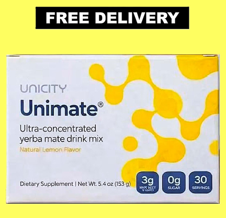 May include: A rectangular box of Unimate ultra-concentrated yerba mate drink mix with natural lemon flavor. The white packaging features yellow abstract circular patterns, the Unicity logo, and text indicating 3g, 0g sugar, 30 servings, and 5.4 oz.