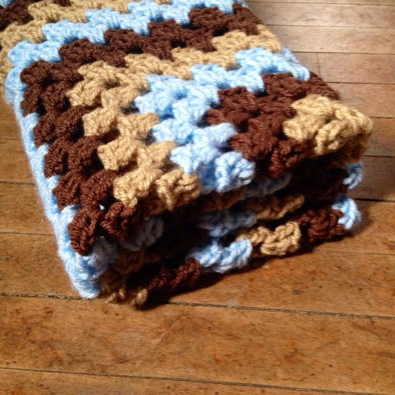 Items similar to Crochet Granny Square Baby Blanket - Blue and Brown on ...