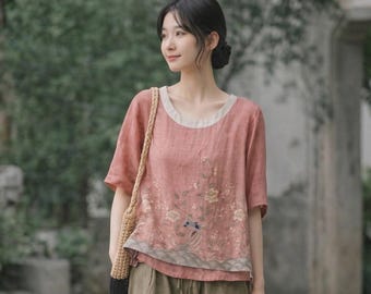 Blusa de lino bordada para mujer, top veraniego estilo boho floral, camisa túnica de corte holgado, blusa estilo cottagecore vintage, atuendo de vacaciones