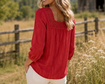 Crochet Lace Square Neck Blouse, 3/4 Sleeve Boho Summer Top