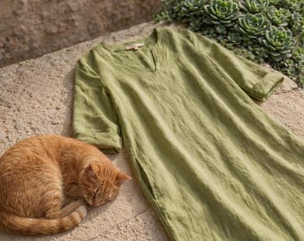 Abito con scollo a V effetto lino - Stile casual traspirante a trapezio