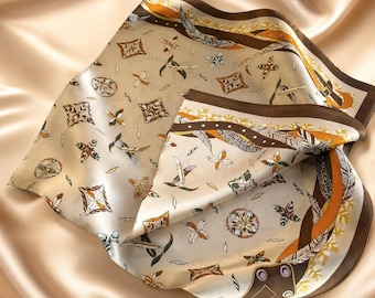 100% Mulberry Silk Scarf Women | Equestrian Geometric Print Satin Head Scarf