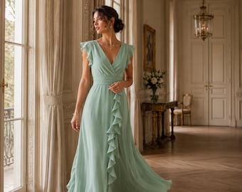 Ruffle Maxi Dress, V-Neck Formal Gown, Elegant Wedding Guest Bridesmaids Dress Prom GIFT
