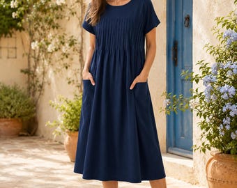 Cotton Midi Dress, Short Sleeve, Loose Fit, Boho Summer Style, Pockets, Women