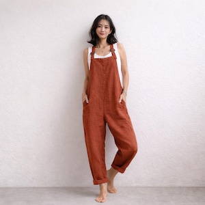 Boho Linen Jumpsuit Women, Relaxed Fit Adjustable Strap Overalls