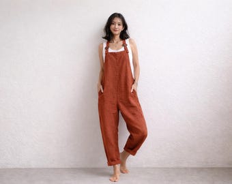Boho Linen Jumpsuit Women, Relaxed Fit Adjustable Strap Overalls