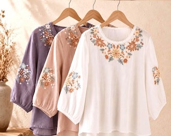 Embroidered Cotton Linen Tunic, Boho Floral Blouse, Loose Fit Summer Top