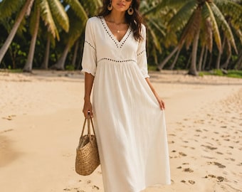 Vestido midi bohemio de algodón con escote en V para mujer, túnica de corte holgado, ideal para vacaciones de verano en la playa.