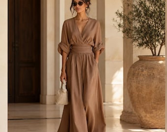 Women's Wide Leg Jumpsuit, Summer Jumpsuit for Women, V Neck Jumpsuit, Flowy Wide Leg Romper, Vacation Outfit, Elegant Sleeveless Jumpsuit