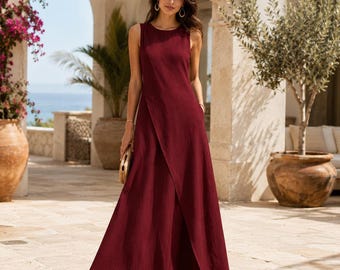 Sleeveless Linen Maxi Dress, Asymmetrical Maxi Dress, Flowy Summer Dress, Resort Wear Dress, Boho Vacation Dress, Minimalist Linen Dress