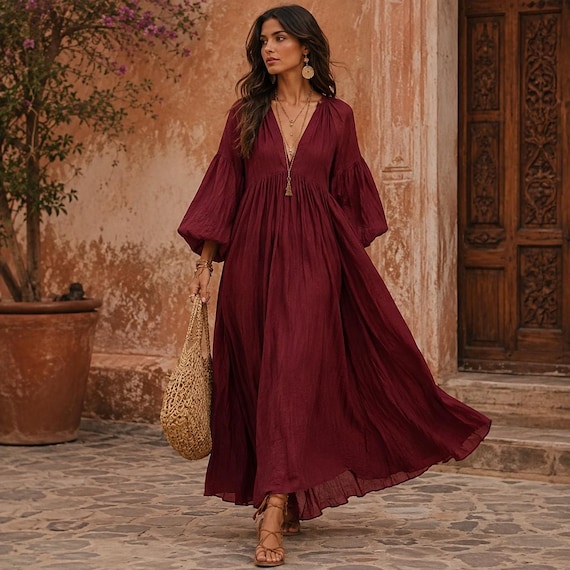 Boho Linen Maxi Dress, V-Neck Balloon Sleeve Flowy Resort Wear
