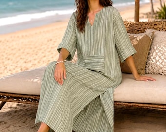 Striped Cotton Kaftan Maxi Dress, Loose Fit Boho Summer Vacation with Pocket
