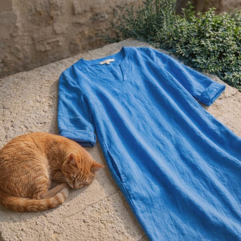 Puede incluir: Un vestido de lino azul vibrante con cuello en V y bolsillos laterales, colocado sobre una superficie de piedra. El vestido tiene mangas tres cuartos. Un gato atigrado naranja est&aacute; acurrucado dormido junto al vestido. La escena es al aire libre.
