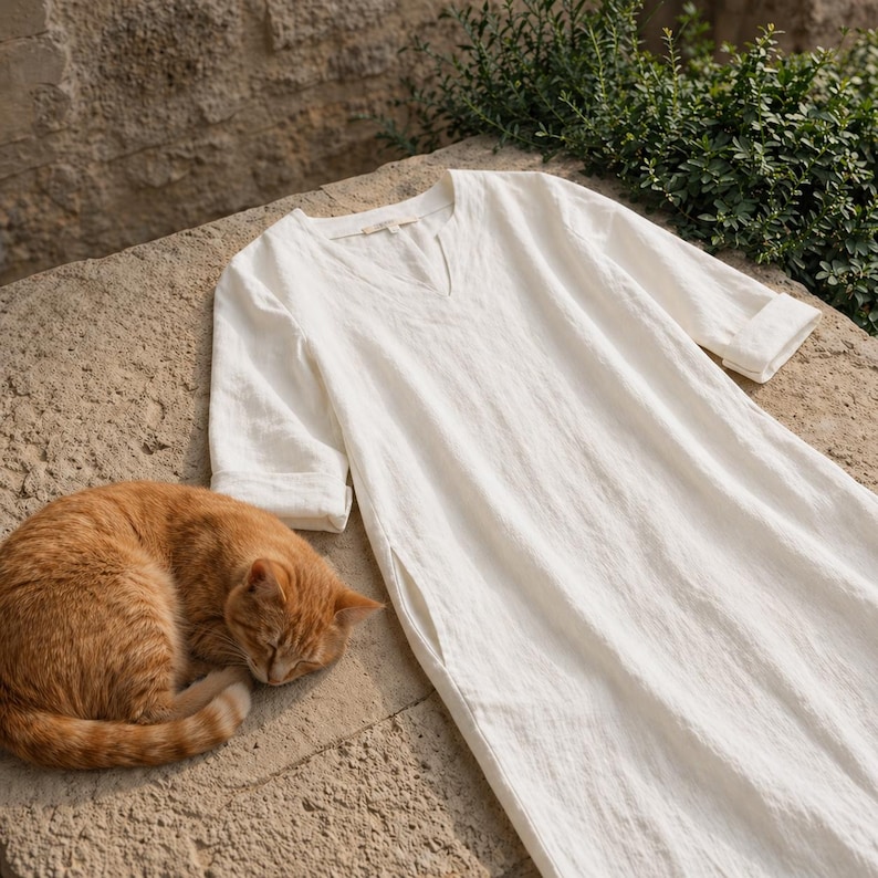 Puede incluir: Un vestido de lino blanco con cuello en V y mangas tres cuartos est&aacute; sobre una superficie de piedra. Un gato atigrado naranja est&aacute; acurrucado durmiendo junto al vestido. El vestido tiene un corte holgado y aberturas laterales.