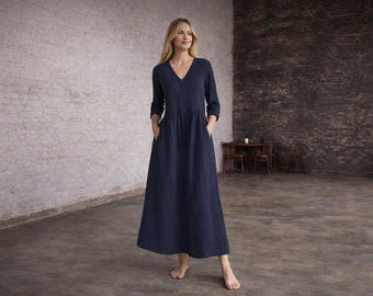 Cotton Maxi for Women Boho Long, Loose Fit Dress, Casual Wear, V Neck Dress