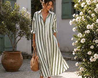 Striped summer Kaftan Dress, Oversized Beach Cover-Up, Loose Resort Wear, Casual Outfit with Pockets