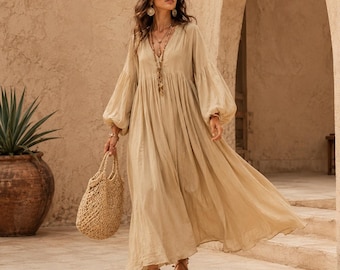 Women’s Boho linen Maxi Dress, Loose V-Neck Long Dress, Flowy Holiday  Casual Summer Resort Wear